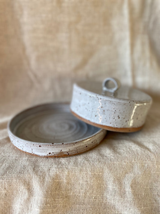 Handmade speckled white ceramic butter dish with lid